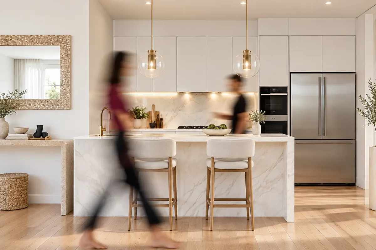 A bright open-plan kitchen with an island bench and pendant lights