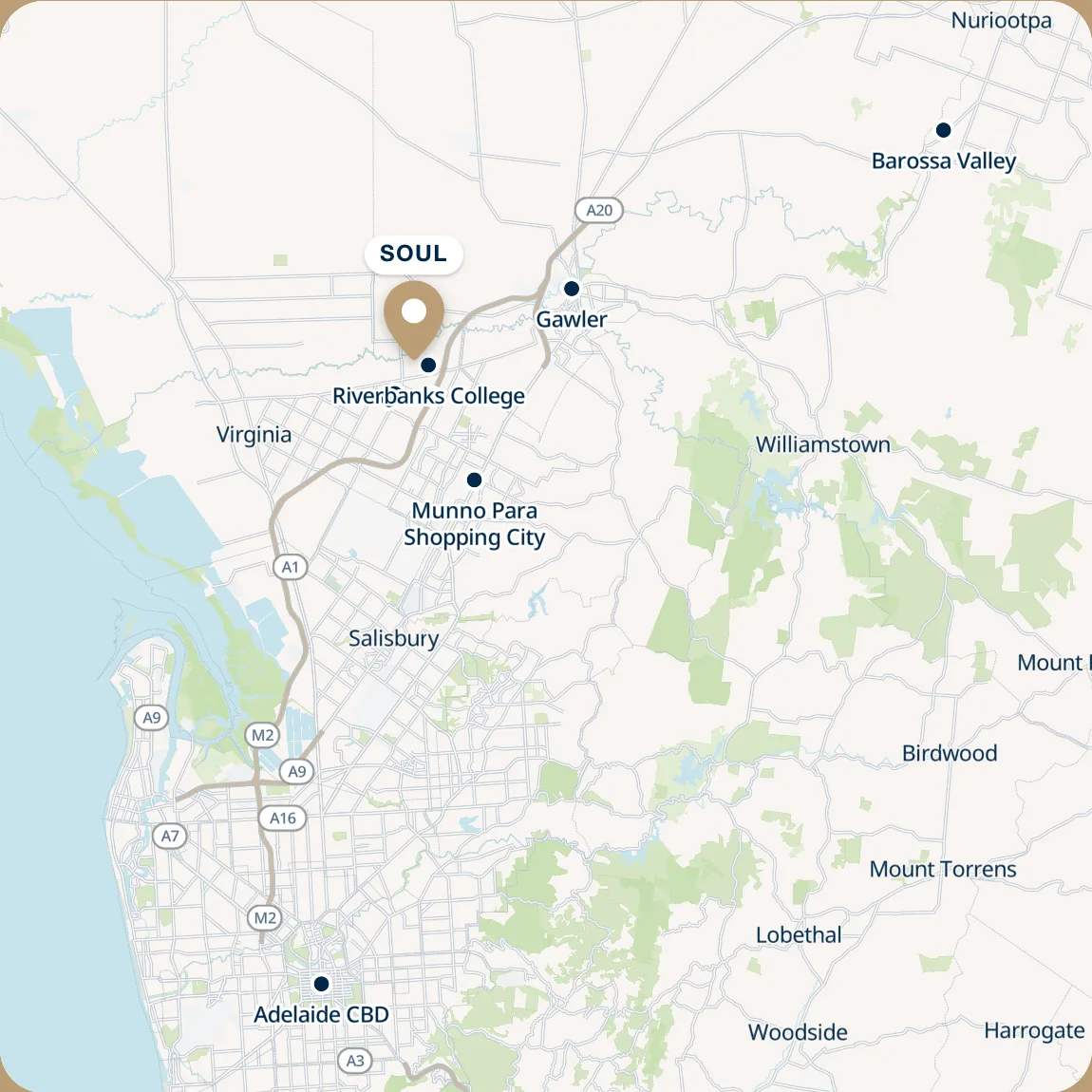 Map of Adelaide's north with SOUL at Angle Vale, close to Riverbanks College, Gawler, the Barossa Valley and Adelaide